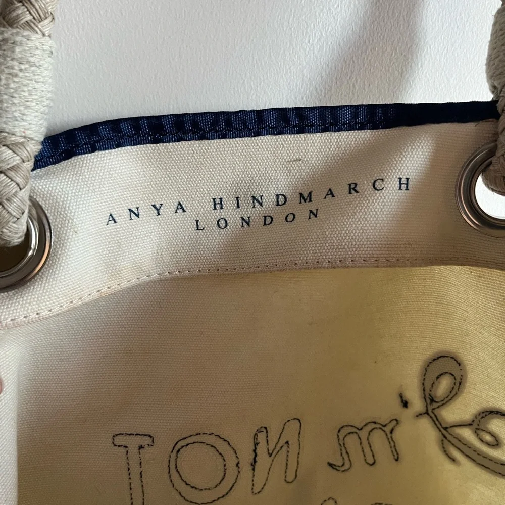 Anya Hindmarch London I AM NOT A PLASTIC BAG Cream and Navy Canvas Tote Bag - Picture 9 of 13